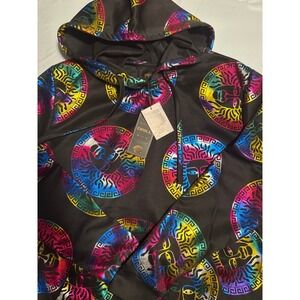 NWT Drill NYC Black Multi Medallion Graphic Hoodie Pullover Medium Reg. $58